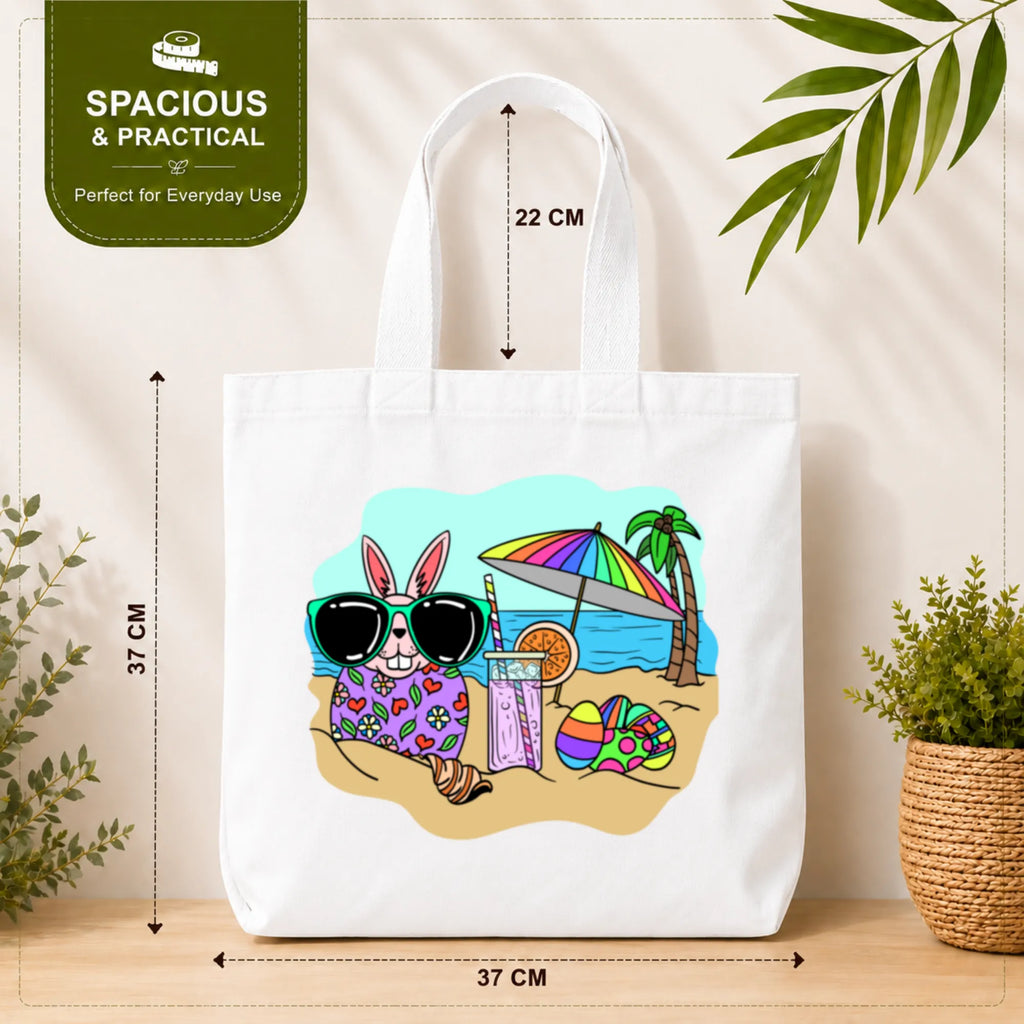 PaintzStories "Beach Rabbit With Easter Eggs" Tote Bag Size – 37cm x 37cm with 22cm Handles and Inner Pocket