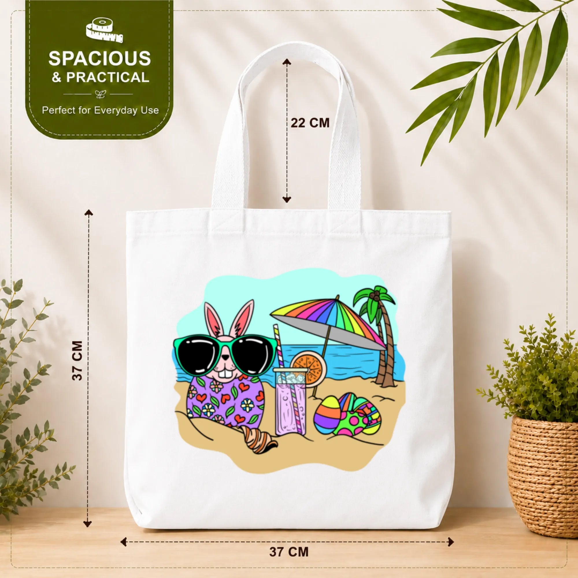 PaintzStories "Beach Rabbit With Easter Eggs" Tote Bag Size – 37cm x 37cm with 22cm Handles and Inner Pocket