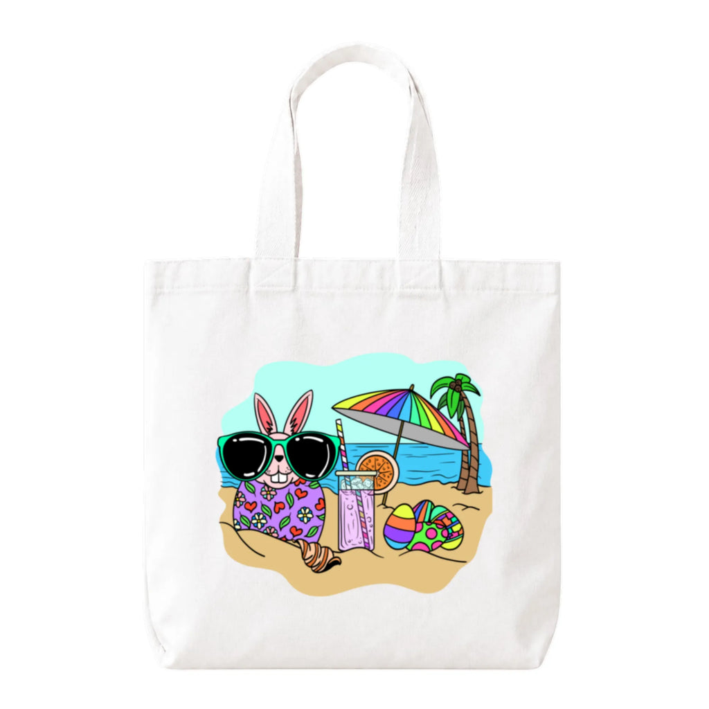 PaintzStories "Beach Rabbit With Easter Eggs" Artistic Tote Bag – White Eco-Friendly Cotton Canvas Bag for Women
