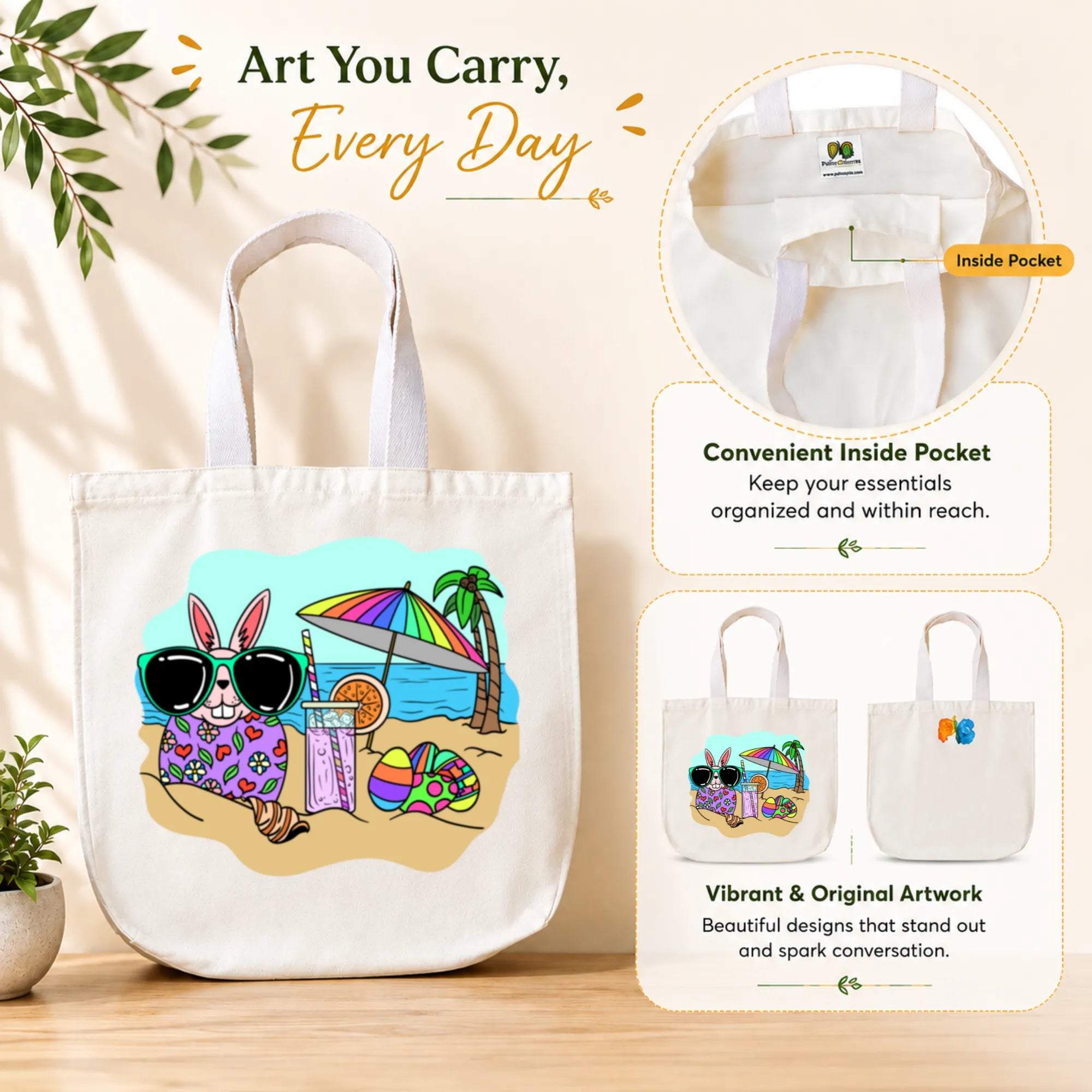 PaintzStories "Beach Rabbit With Easter Eggs" Tote Bag in Use for Shopping, College and Travel