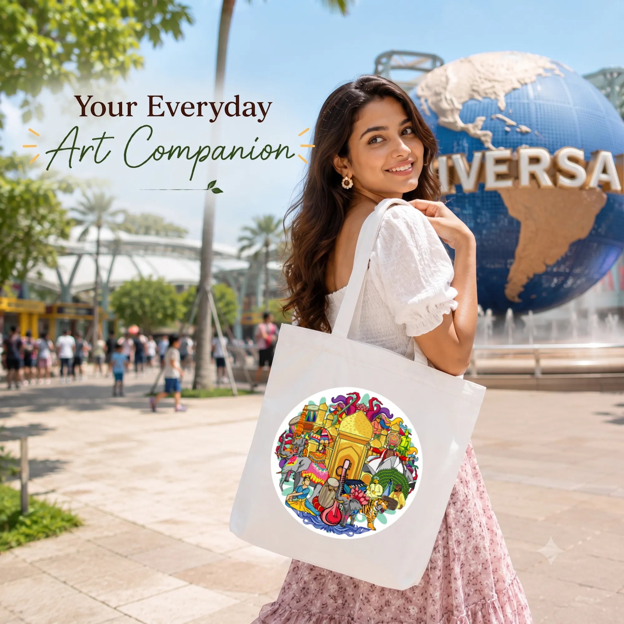 Close-up of "India's Culture & Heritage" Artwork Print on PaintzStories Cotton Canvas Tote Bag