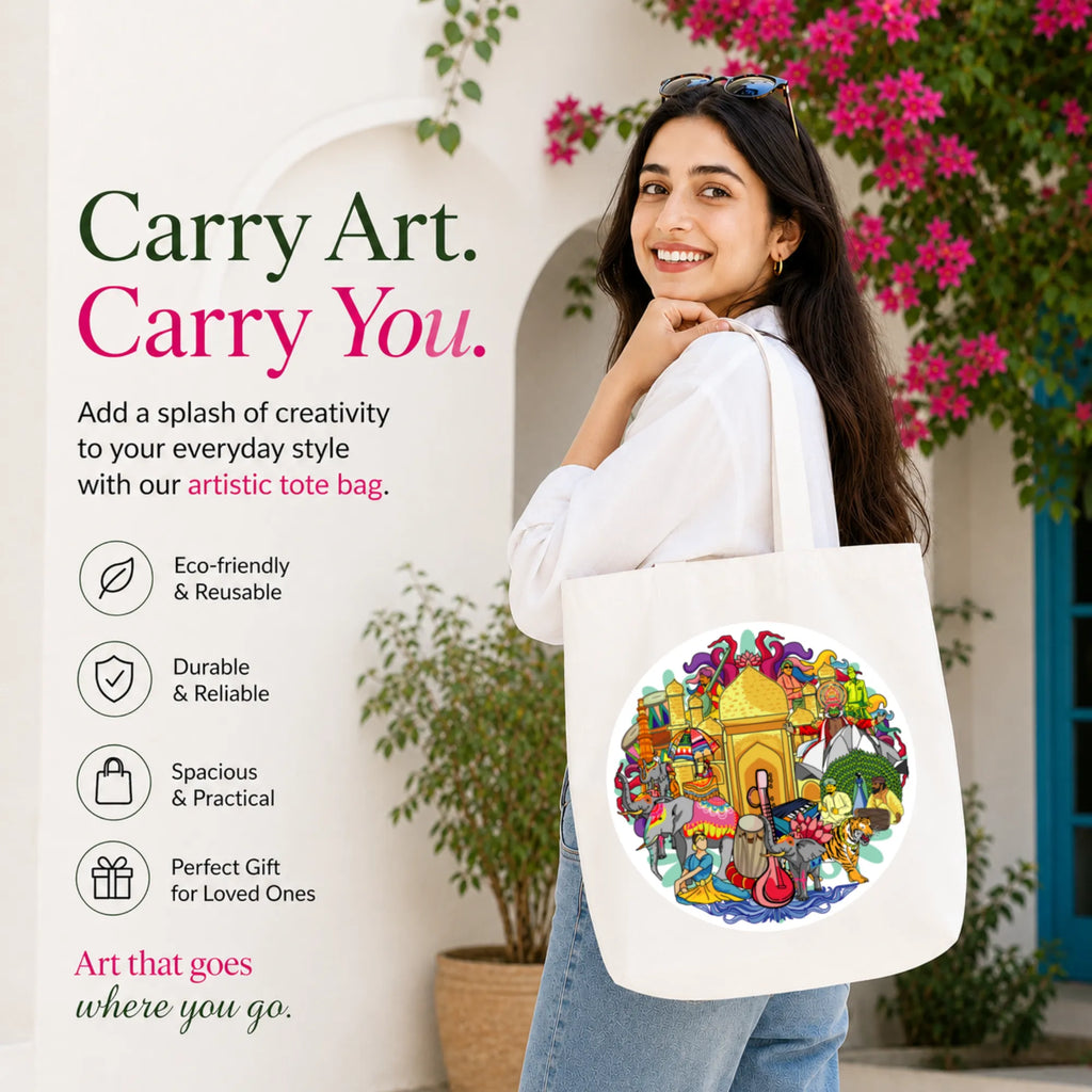 Woman Carrying PaintzStories "India's Culture & Heritage" Artistic Tote Bag on Her Shoulder