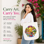 Woman Carrying PaintzStories "India's Culture & Heritage" Artistic Tote Bag on Her Shoulder