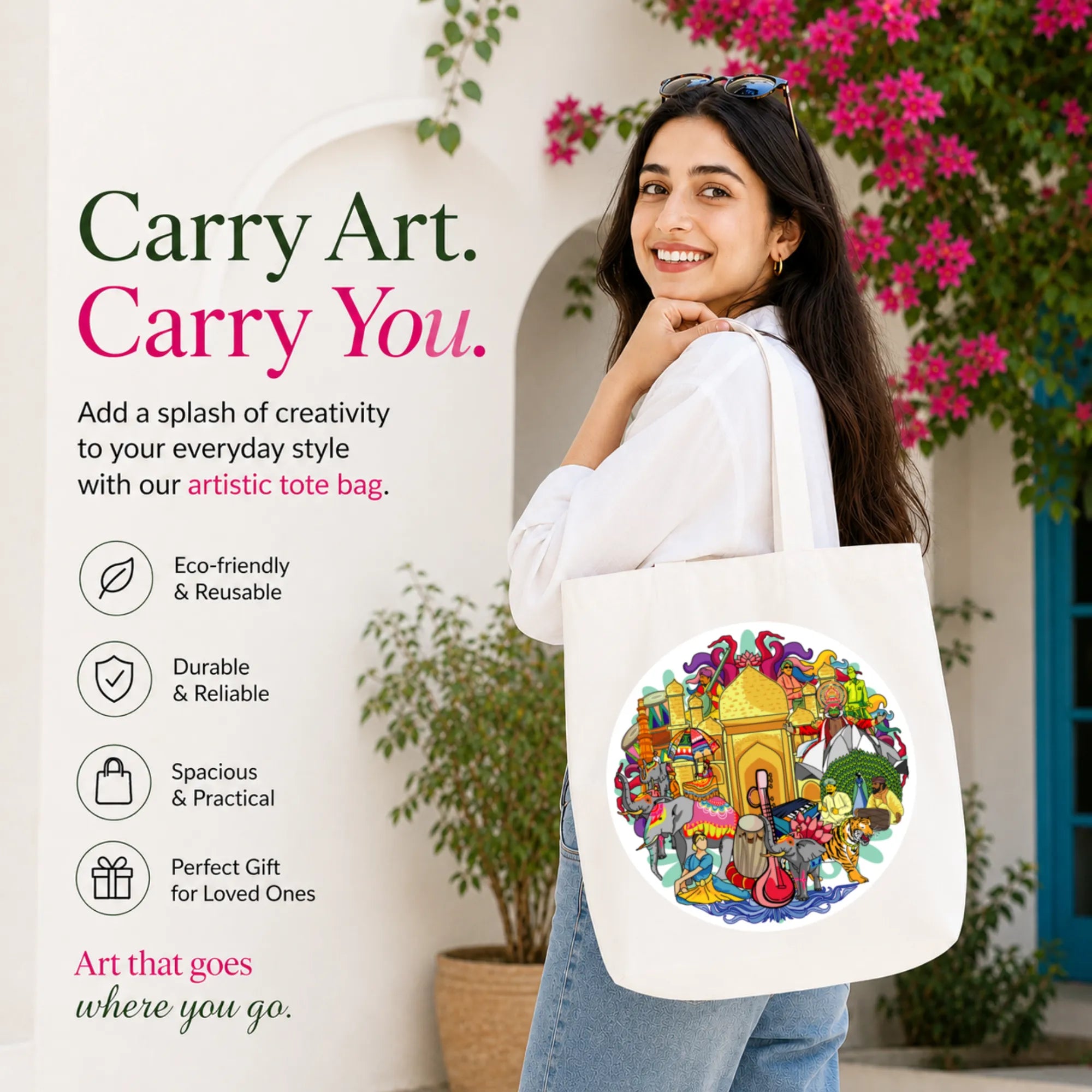 Woman Carrying PaintzStories "India's Culture & Heritage" Artistic Tote Bag on Her Shoulder