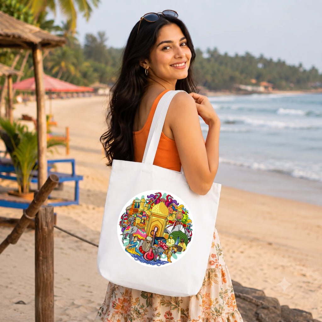 Model Holding PaintzStories "India's Culture & Heritage" Artistic Tote Bag – Eco-Friendly Cotton Canvas