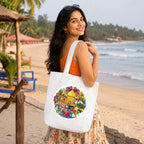 Model Holding PaintzStories "India's Culture & Heritage" Artistic Tote Bag – Eco-Friendly Cotton Canvas