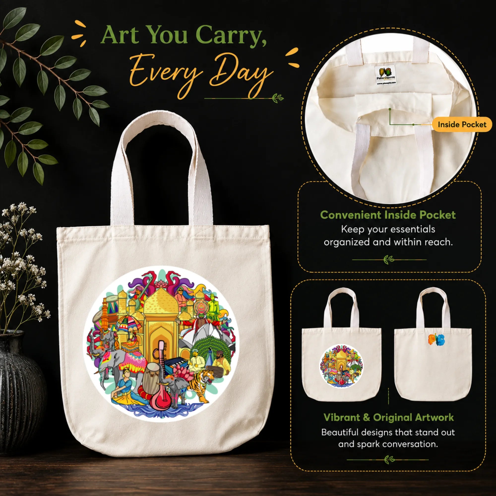 PaintzStories "India's Culture & Heritage" Tote Bag in Use for Shopping, College and Travel