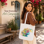 Close-up of "Floral Reflections" Artwork Print on PaintzStories Cotton Canvas Tote Bag