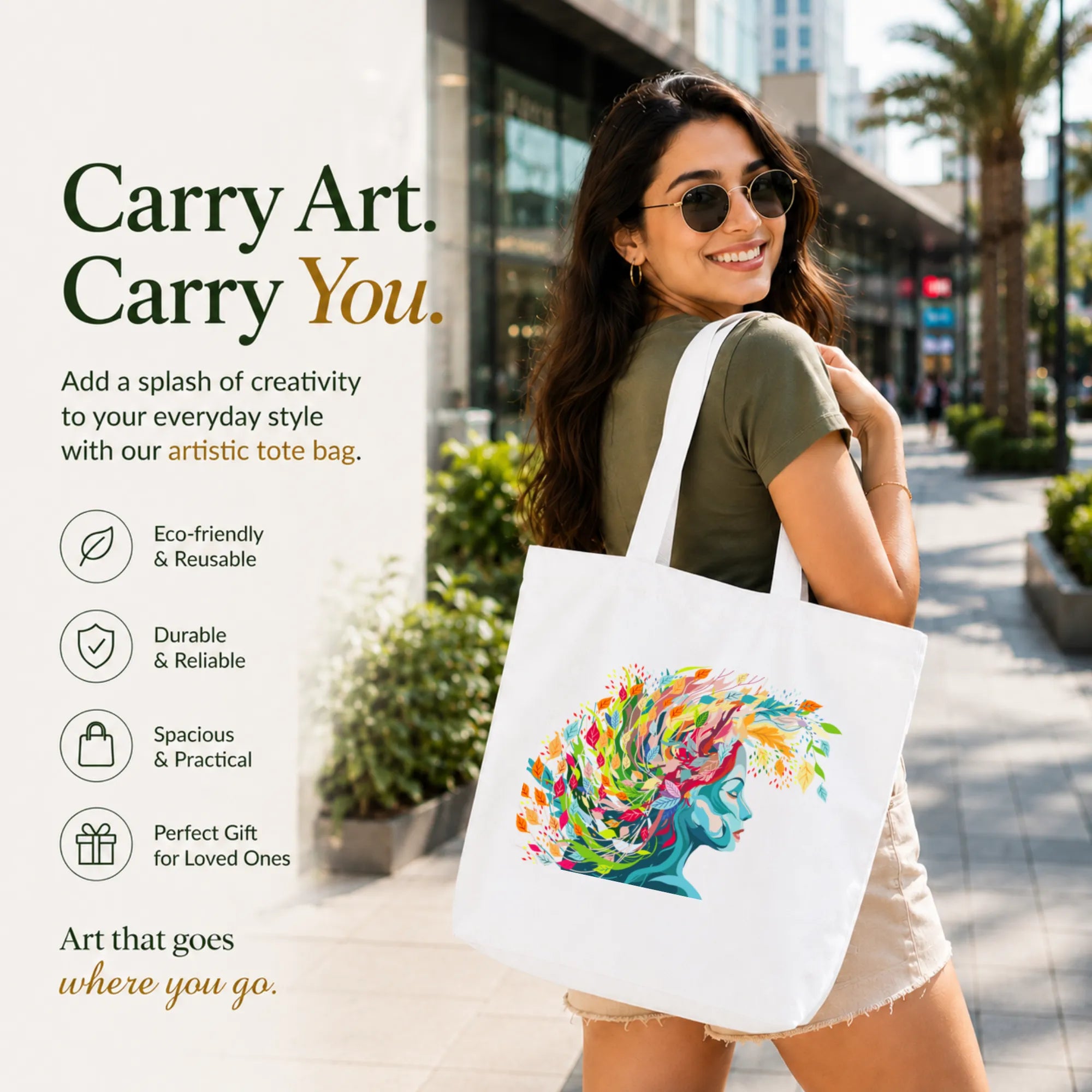 Woman Carrying PaintzStories "Floral Reflections" Artistic Tote Bag on Her Shoulder