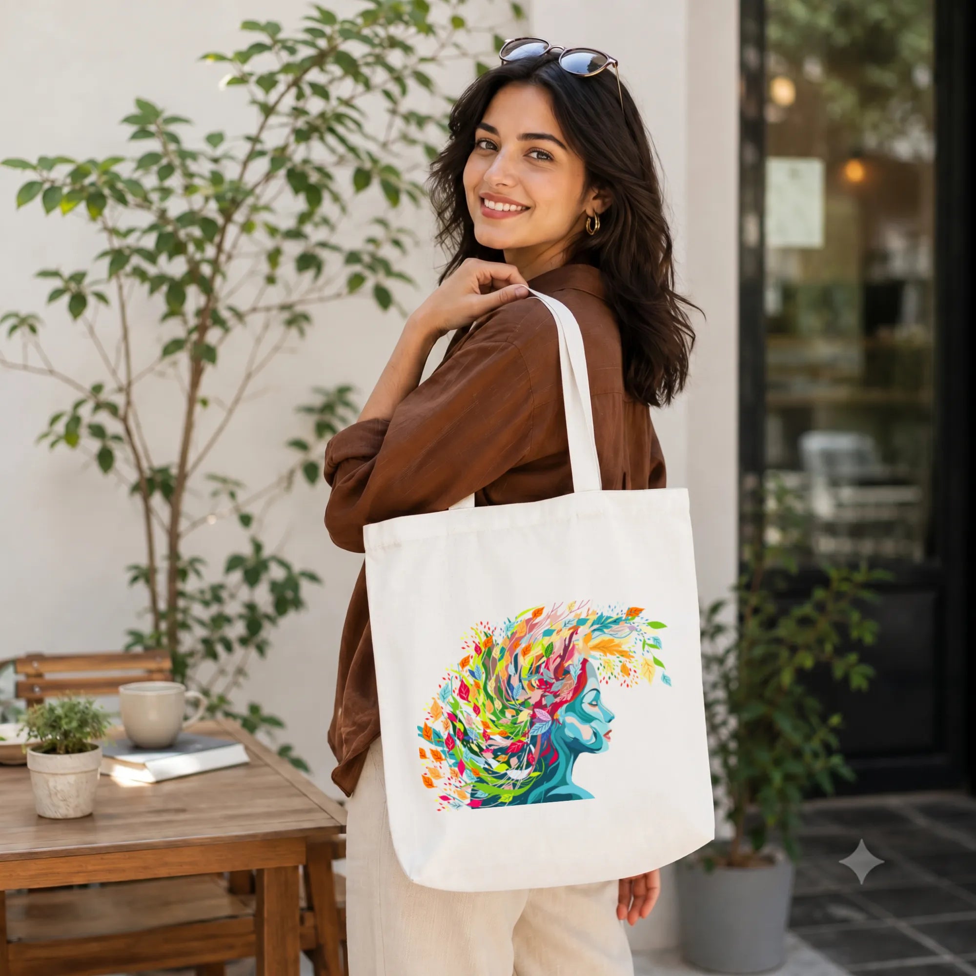 Model Holding PaintzStories "Floral Reflections" Artistic Tote Bag – Eco-Friendly Cotton Canvas