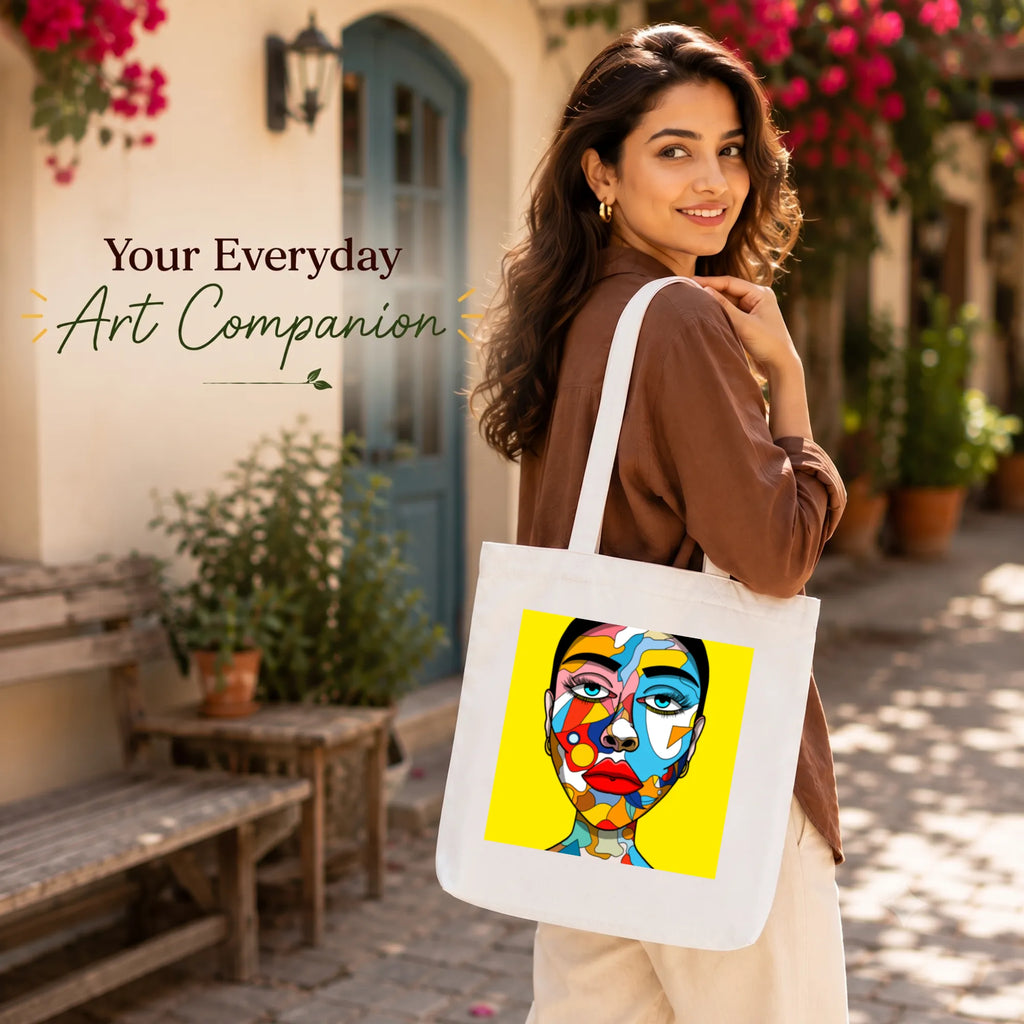 Close-up of "Lady with Colourful Face" Artwork Print on PaintzStories Cotton Canvas Tote Bag