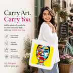 Woman Carrying PaintzStories "Lady with Colourful Face" Artistic Tote Bag on Her Shoulder