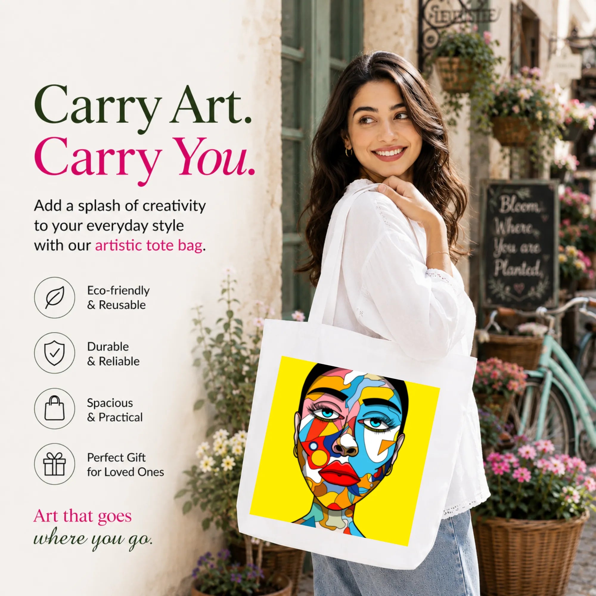 Woman Carrying PaintzStories "Lady with Colourful Face" Artistic Tote Bag on Her Shoulder