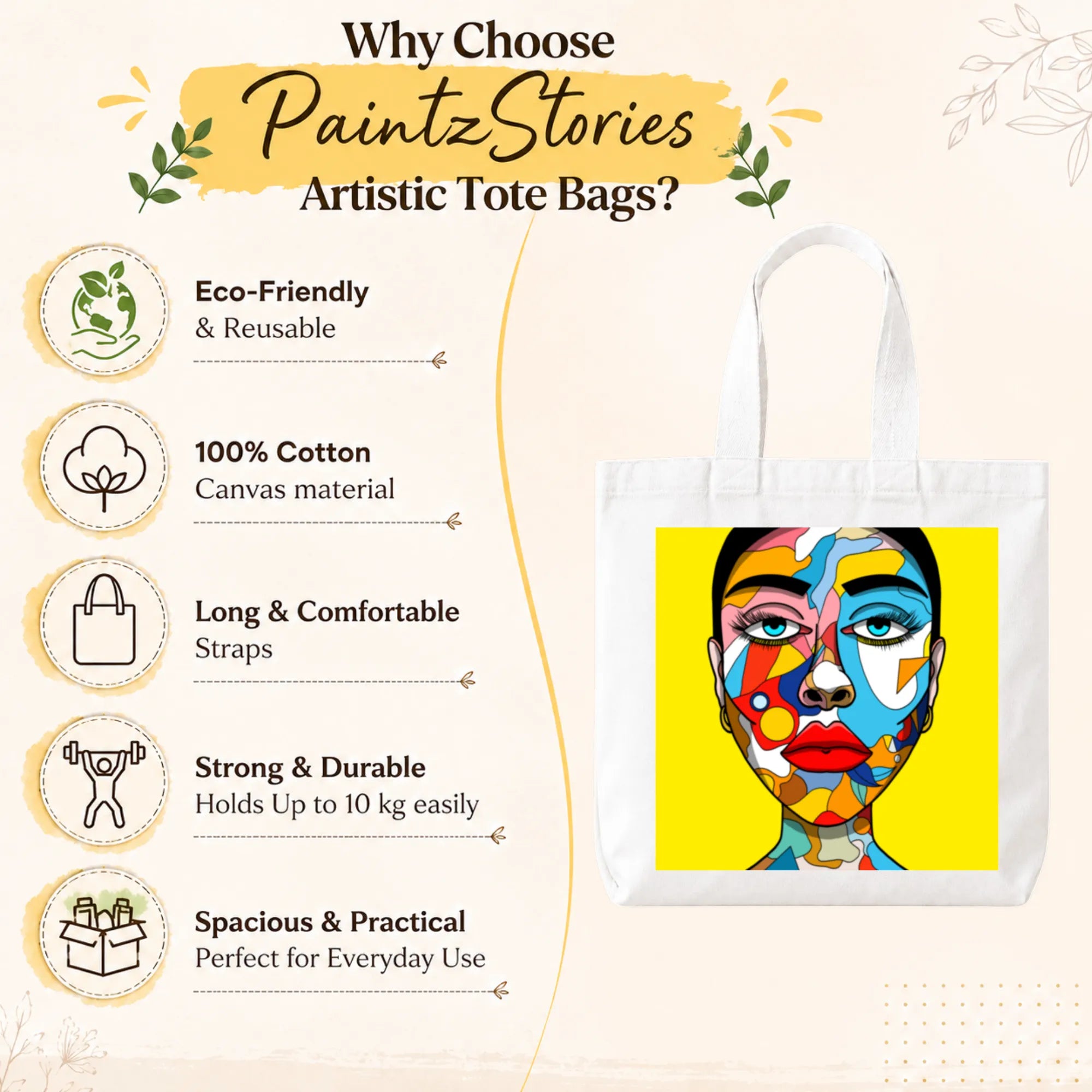 Close-up of "Lady with Colourful Face" Tote Bag Showing Cotton Canvas Texture, Print Detail and Inner Pocket