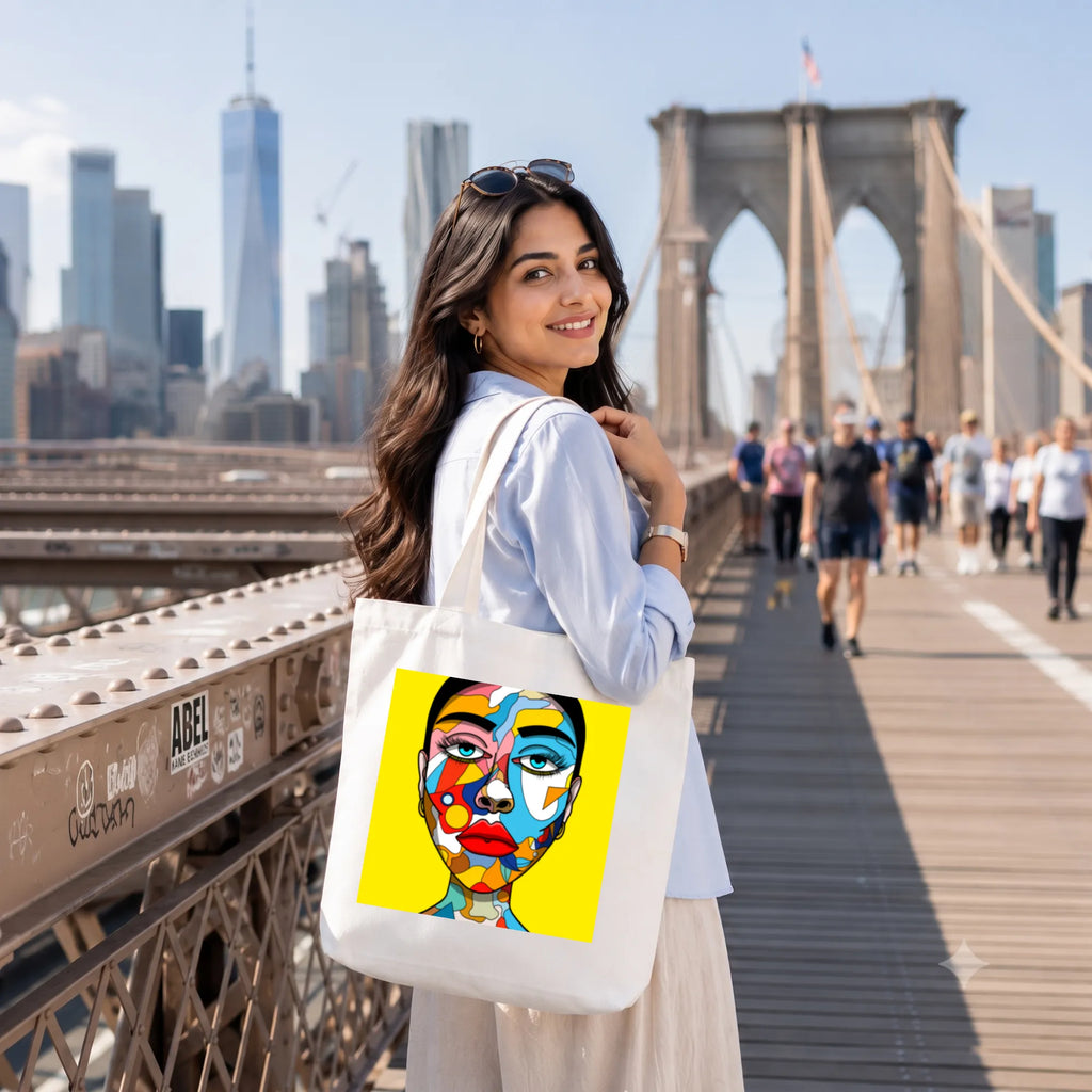 Model Holding PaintzStories "Lady with Colourful Face" Artistic Tote Bag – Eco-Friendly Cotton Canvas