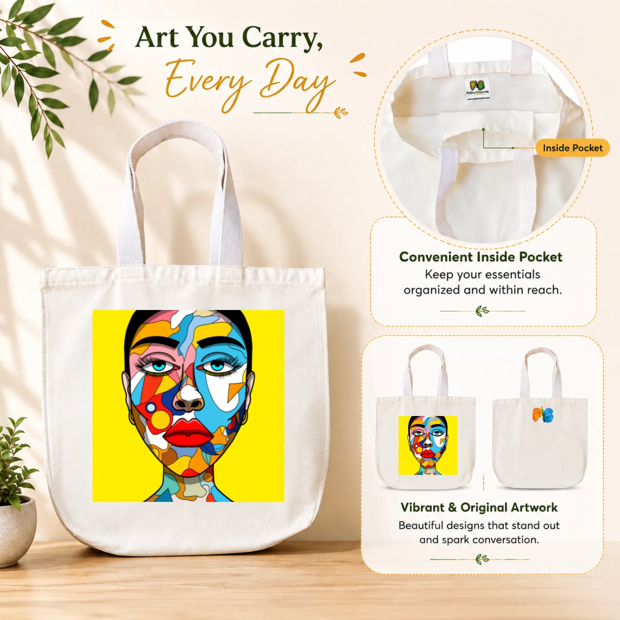 PaintzStories "Lady with Colourful Face" Tote Bag in Use for Shopping, College and Travel