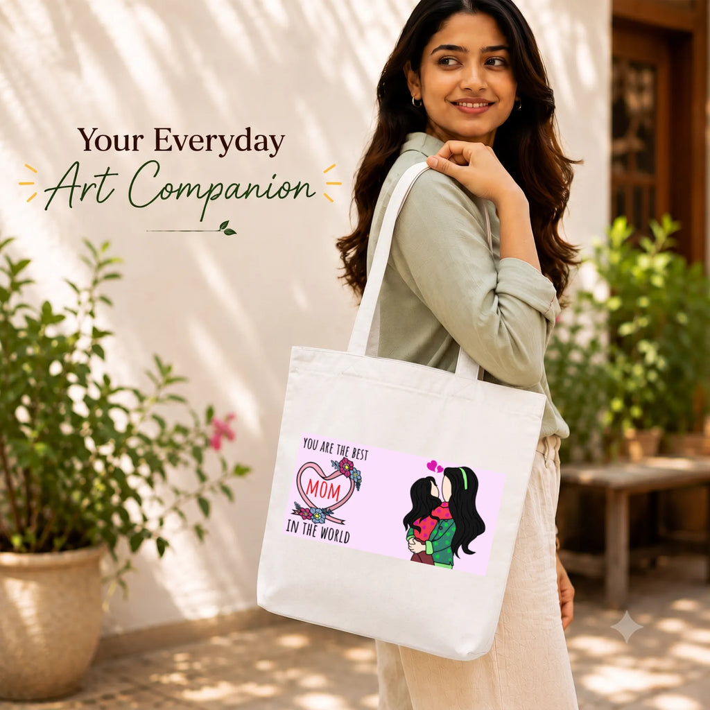 Close-up of "Mother's Love" Artwork Print on PaintzStories Cotton Canvas Tote Bag
