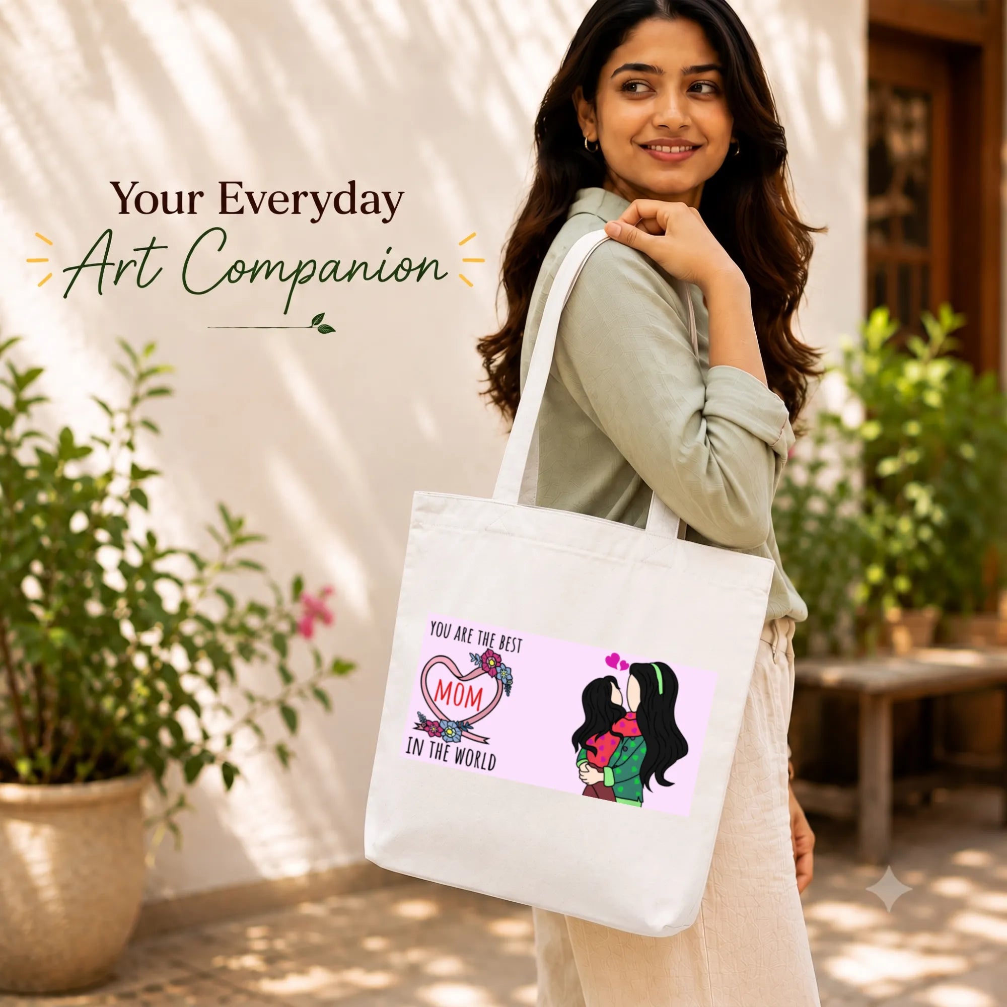 Close-up of "Mother's Love" Artwork Print on PaintzStories Cotton Canvas Tote Bag