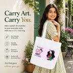 Woman Carrying PaintzStories "Mother's Love" Artistic Tote Bag on Her Shoulder