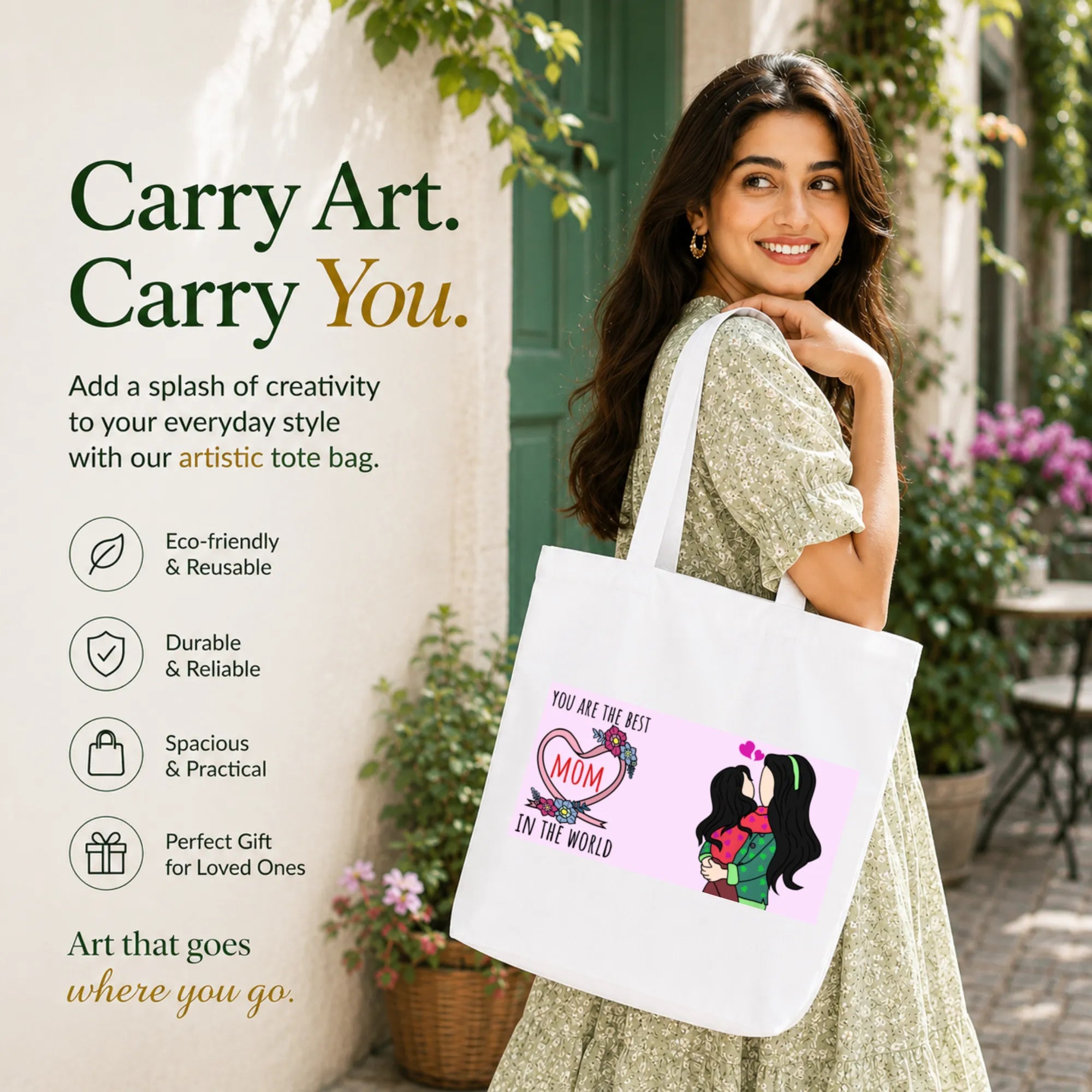 Woman Carrying PaintzStories "Mother's Love" Artistic Tote Bag on Her Shoulder