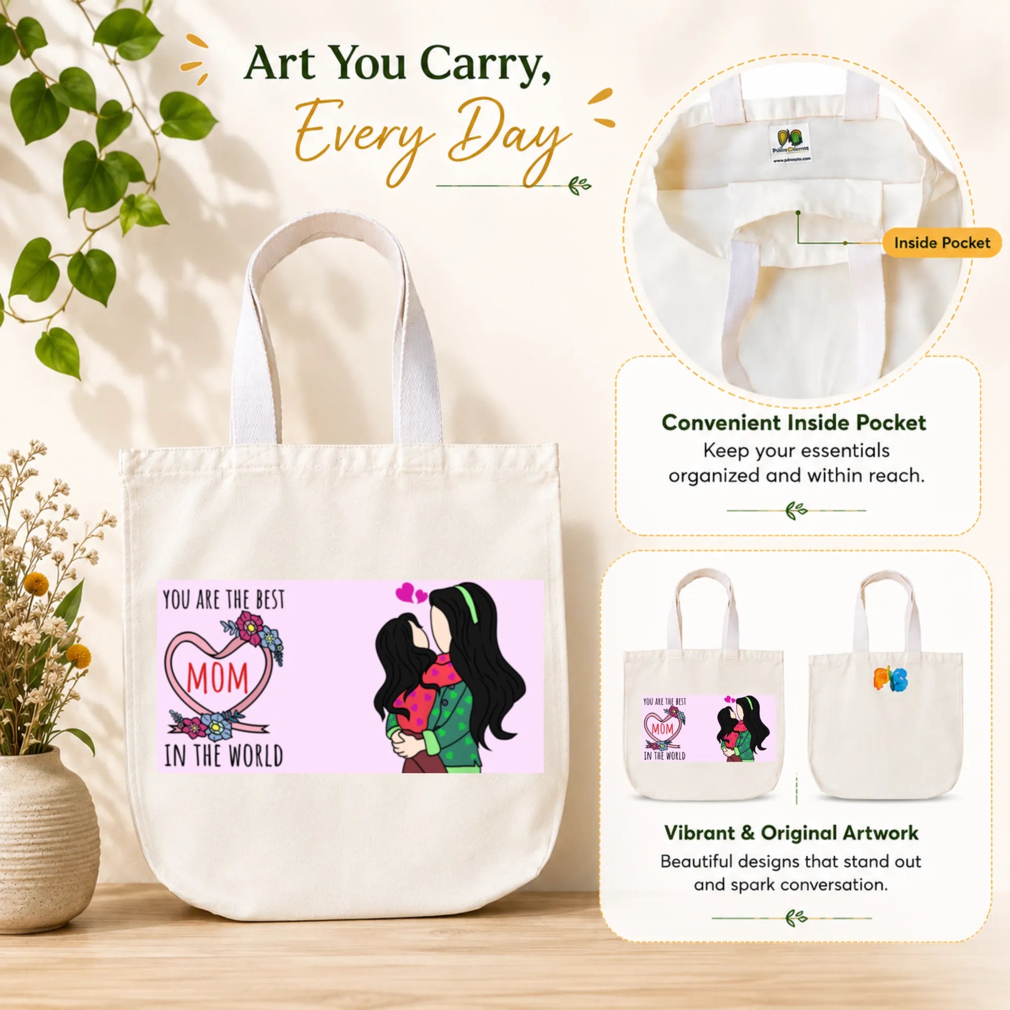 PaintzStories "Mother's Love" Tote Bag in Use for Shopping, College and Travel