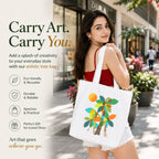 Woman Carrying PaintzStories "Palm Trees (Orange)" Artistic Tote Bag on Her Shoulder