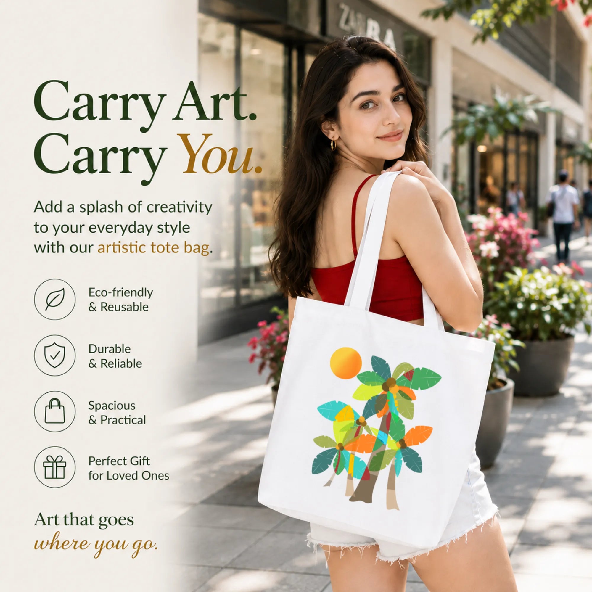 Woman Carrying PaintzStories "Palm Trees (Orange)" Artistic Tote Bag on Her Shoulder