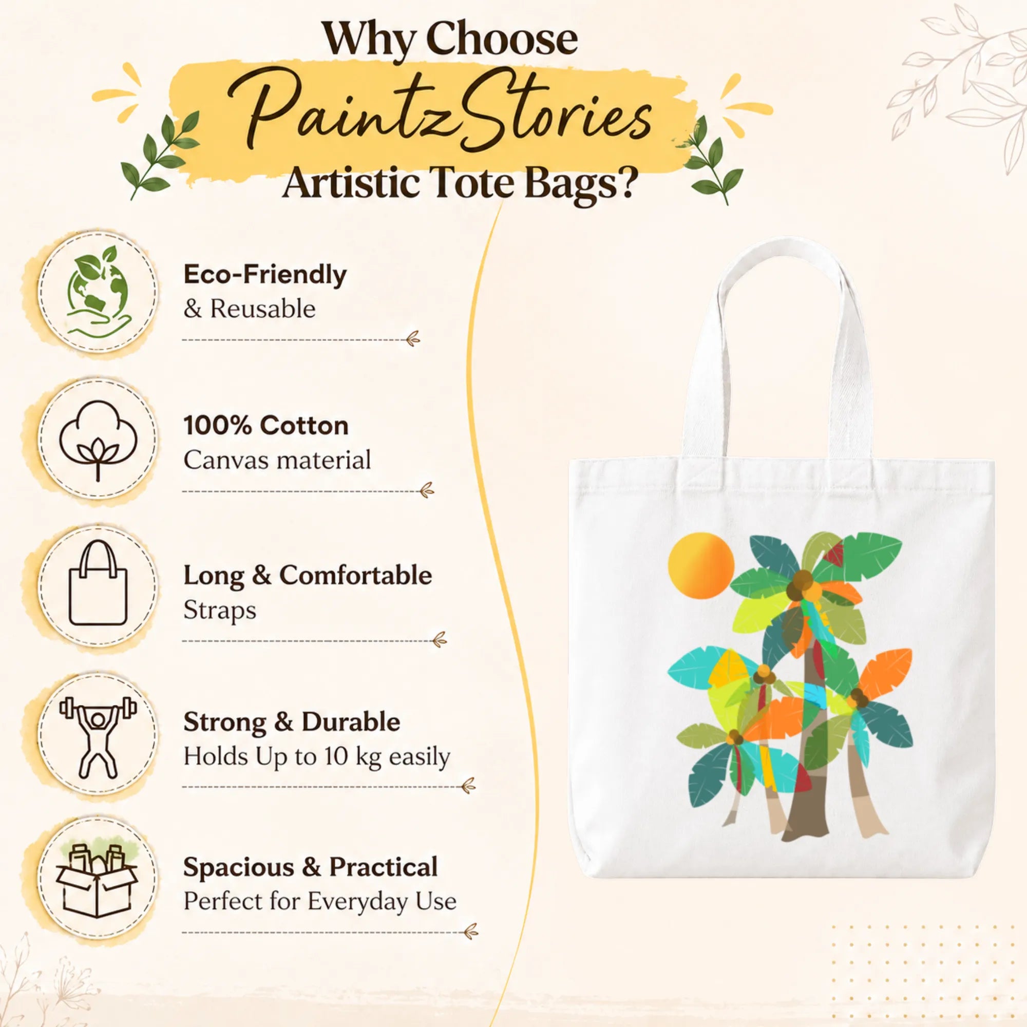 Close-up of "Palm Trees (Orange)" Tote Bag Showing Cotton Canvas Texture, Print Detail and Inner Pocket