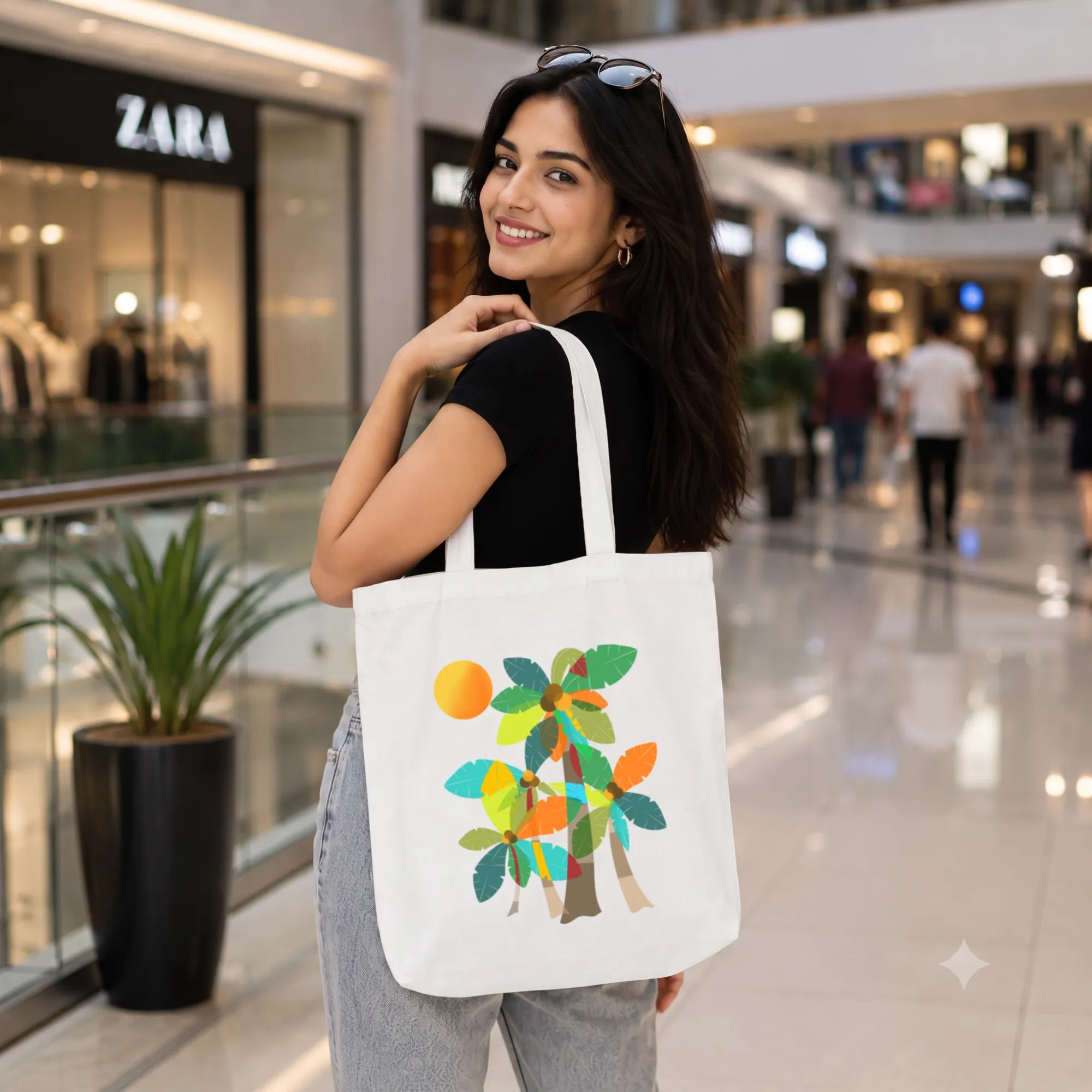 Model Holding PaintzStories "Palm Trees (Orange)" Artistic Tote Bag – Eco-Friendly Cotton Canvas