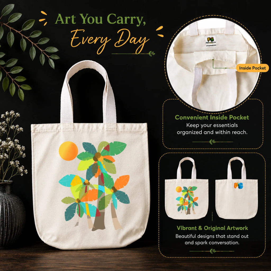 PaintzStories "Palm Trees (Orange)" Tote Bag in Use for Shopping, College and Travel