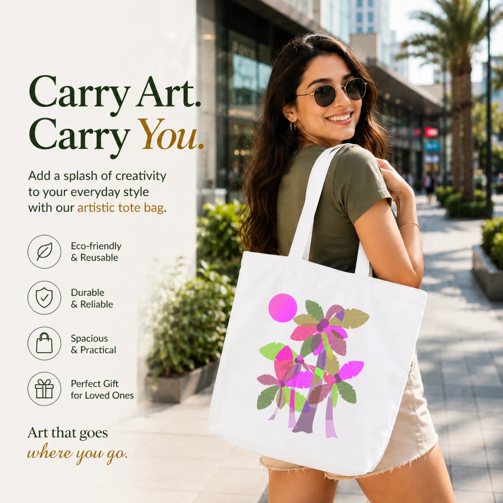 Woman Carrying PaintzStories "Palm Trees (Purple)" Artistic Tote Bag on Her Shoulder