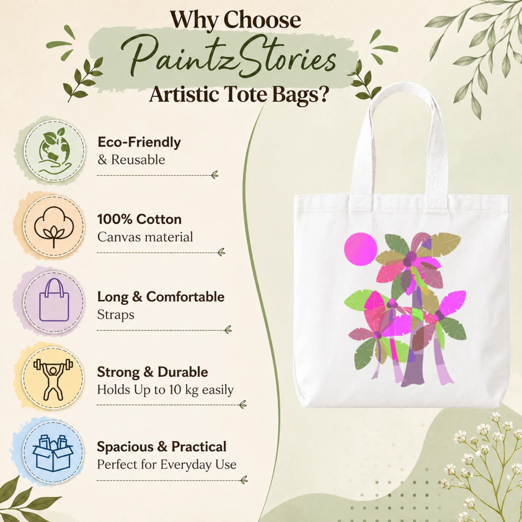Close-up of "Palm Trees (Purple)" Tote Bag Showing Cotton Canvas Texture, Print Detail and Inner Pocket
