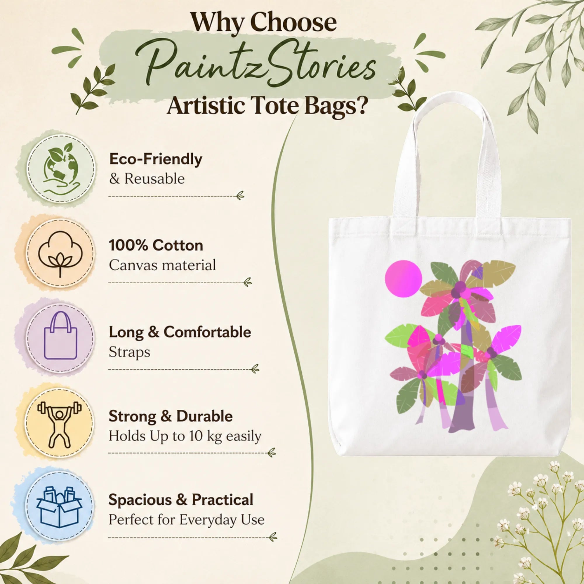 Close-up of "Palm Trees (Purple)" Tote Bag Showing Cotton Canvas Texture, Print Detail and Inner Pocket