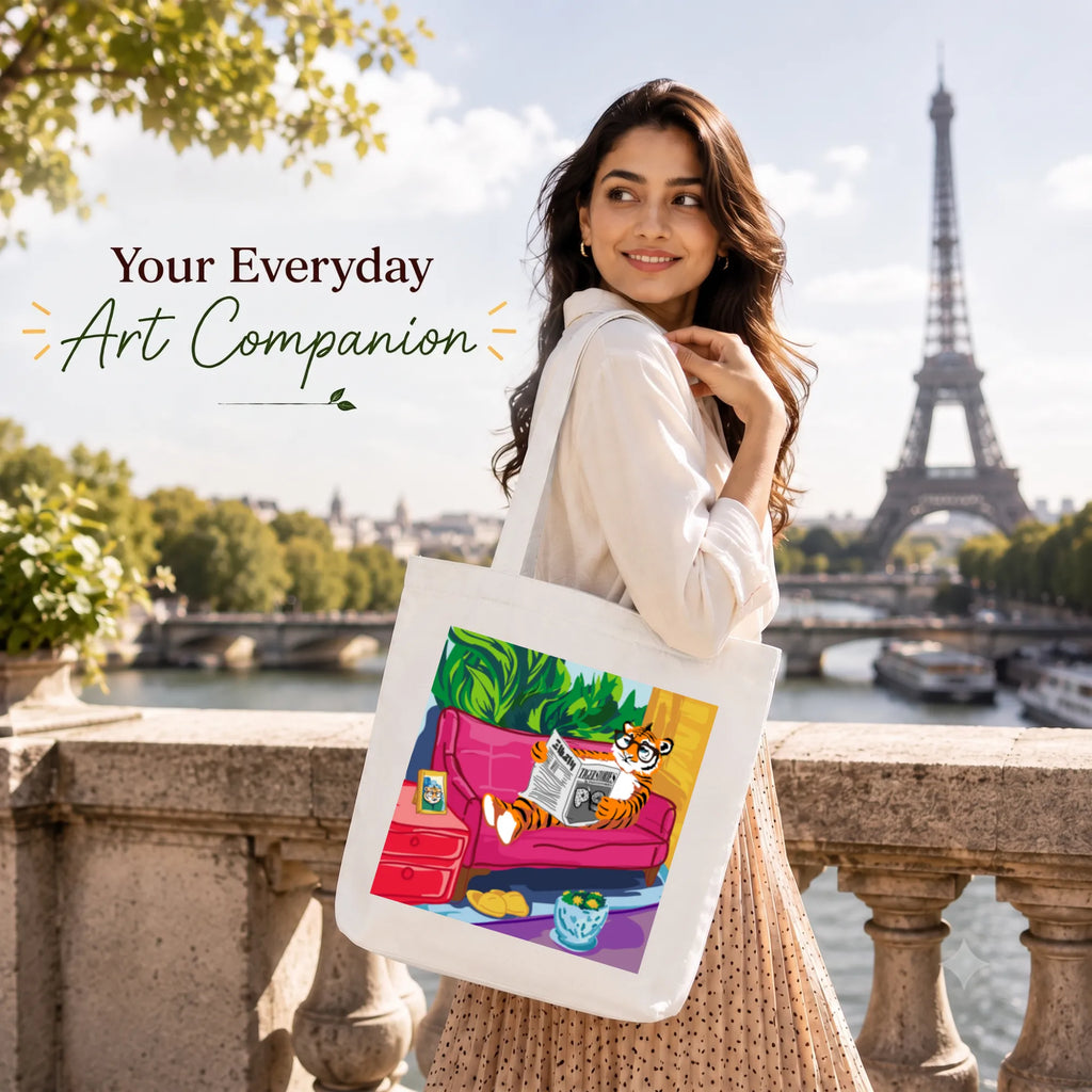 Close-up of "Tiger's Leisure" Artwork Print on PaintzStories Cotton Canvas Tote Bag