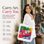 Woman Carrying PaintzStories "Tiger's Leisure" Artistic Tote Bag on Her Shoulder