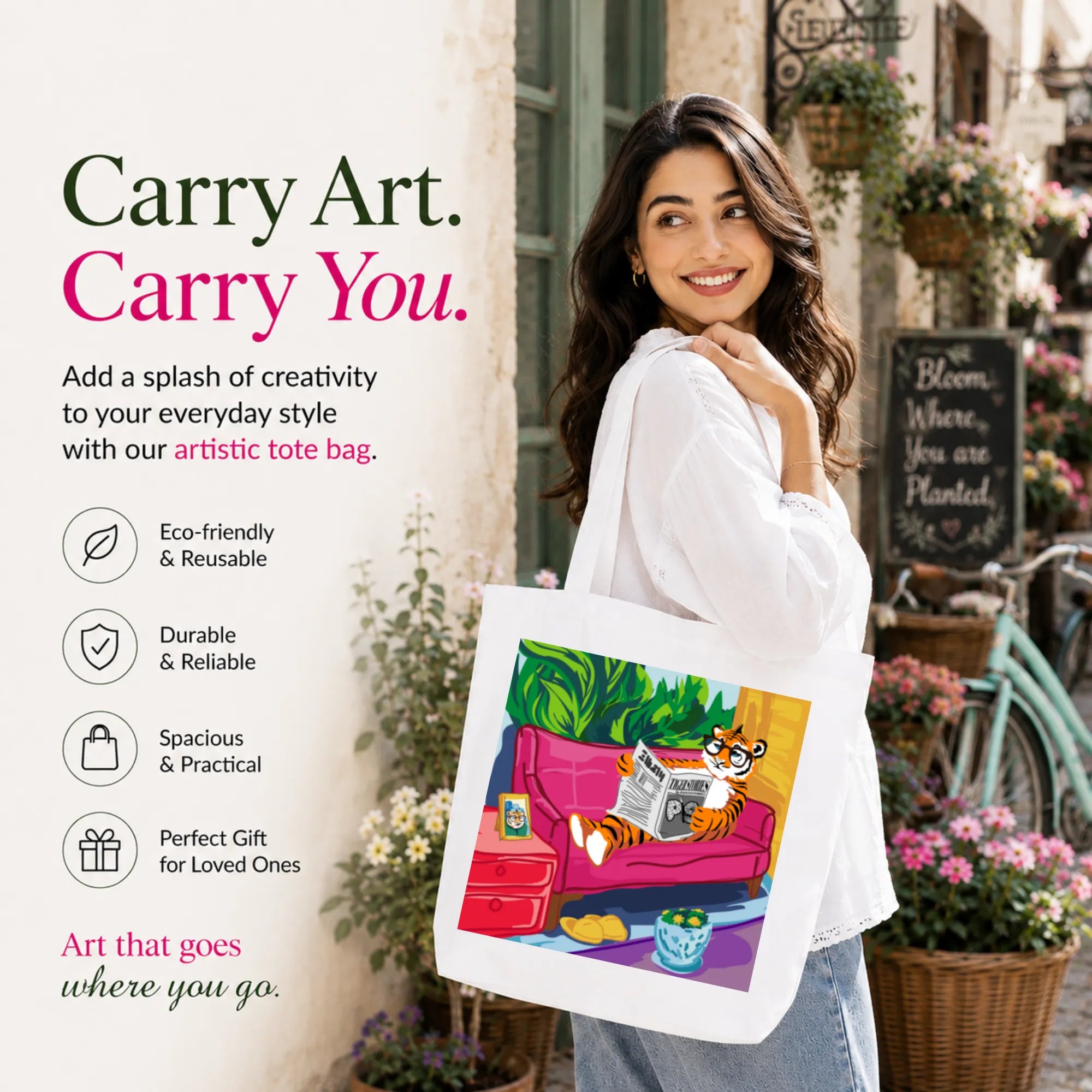 Woman Carrying PaintzStories "Tiger's Leisure" Artistic Tote Bag on Her Shoulder