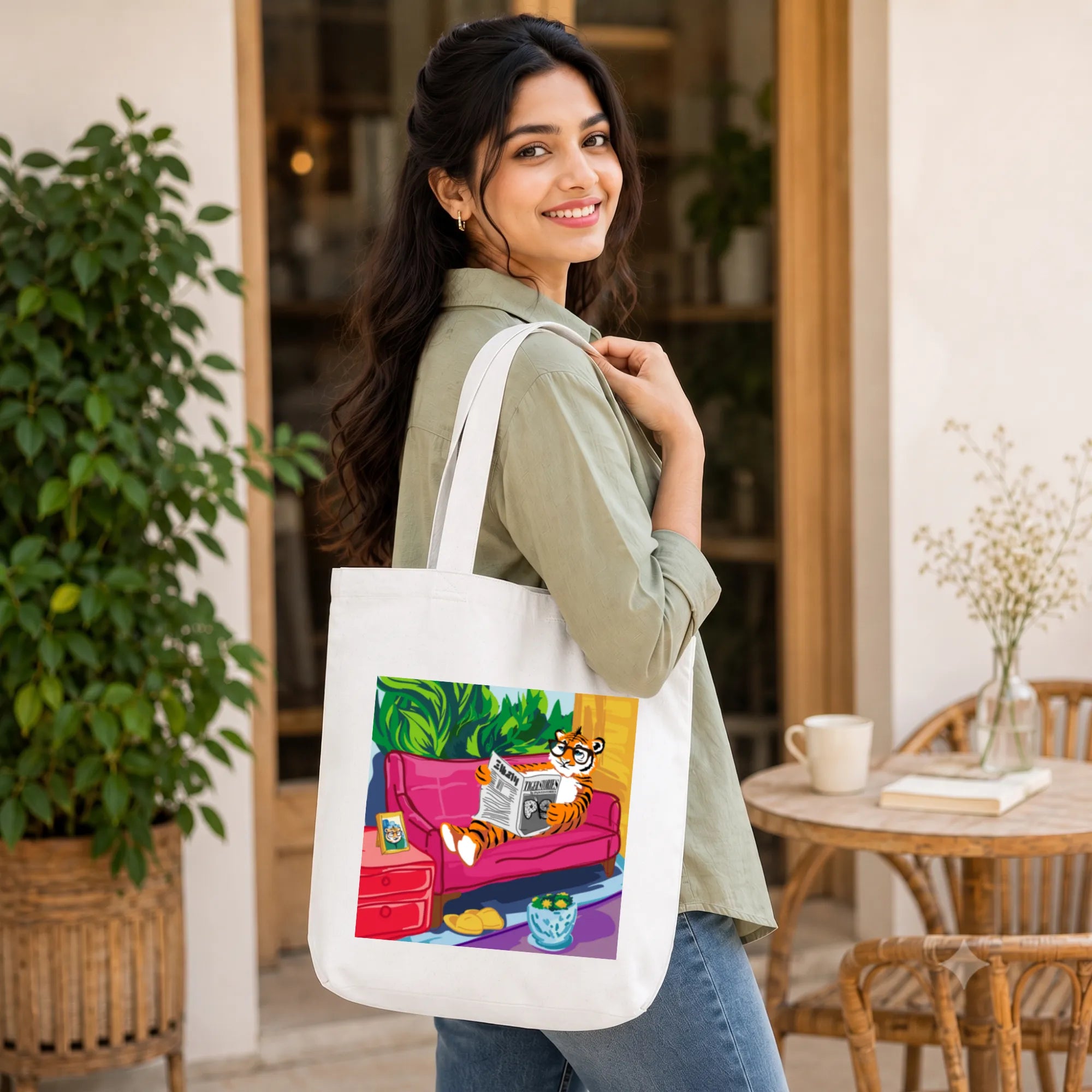Model Holding PaintzStories "Tiger's Leisure" Artistic Tote Bag – Eco-Friendly Cotton Canvas