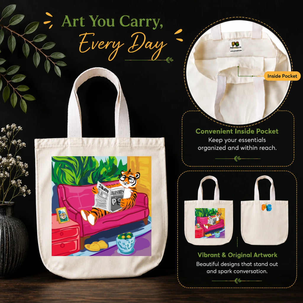 PaintzStories "Tiger's Leisure" Tote Bag in Use for Shopping, College and Travel