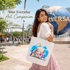 Close-up of "Travel Tales" Artwork Print on PaintzStories Cotton Canvas Tote Bag