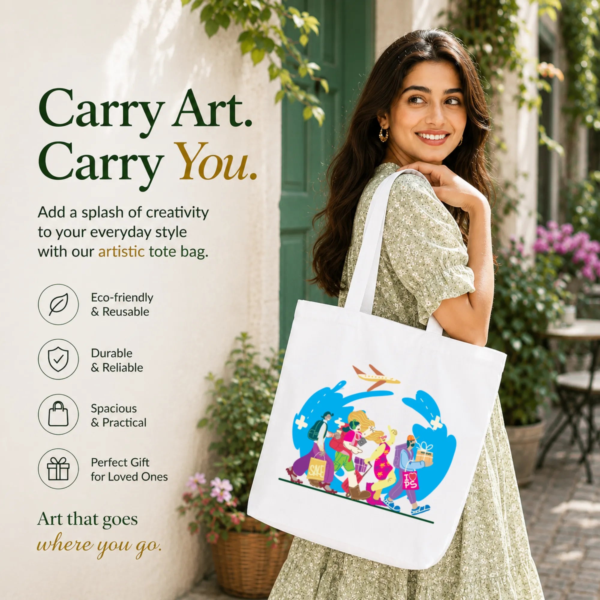 Woman Carrying PaintzStories "Travel Tales" Artistic Tote Bag on Her Shoulder