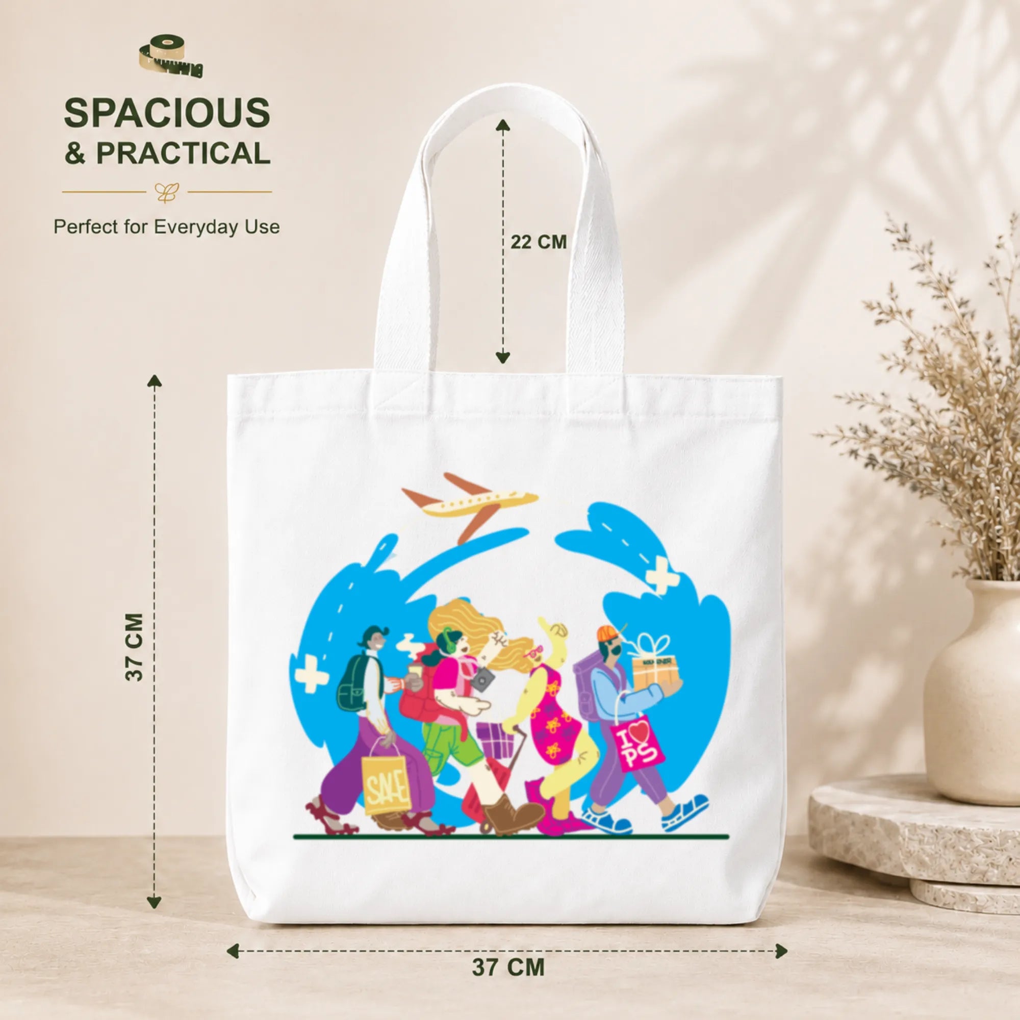 PaintzStories "Travel Tales" Tote Bag Size – 37cm x 37cm with 22cm Handles and Inner Pocket