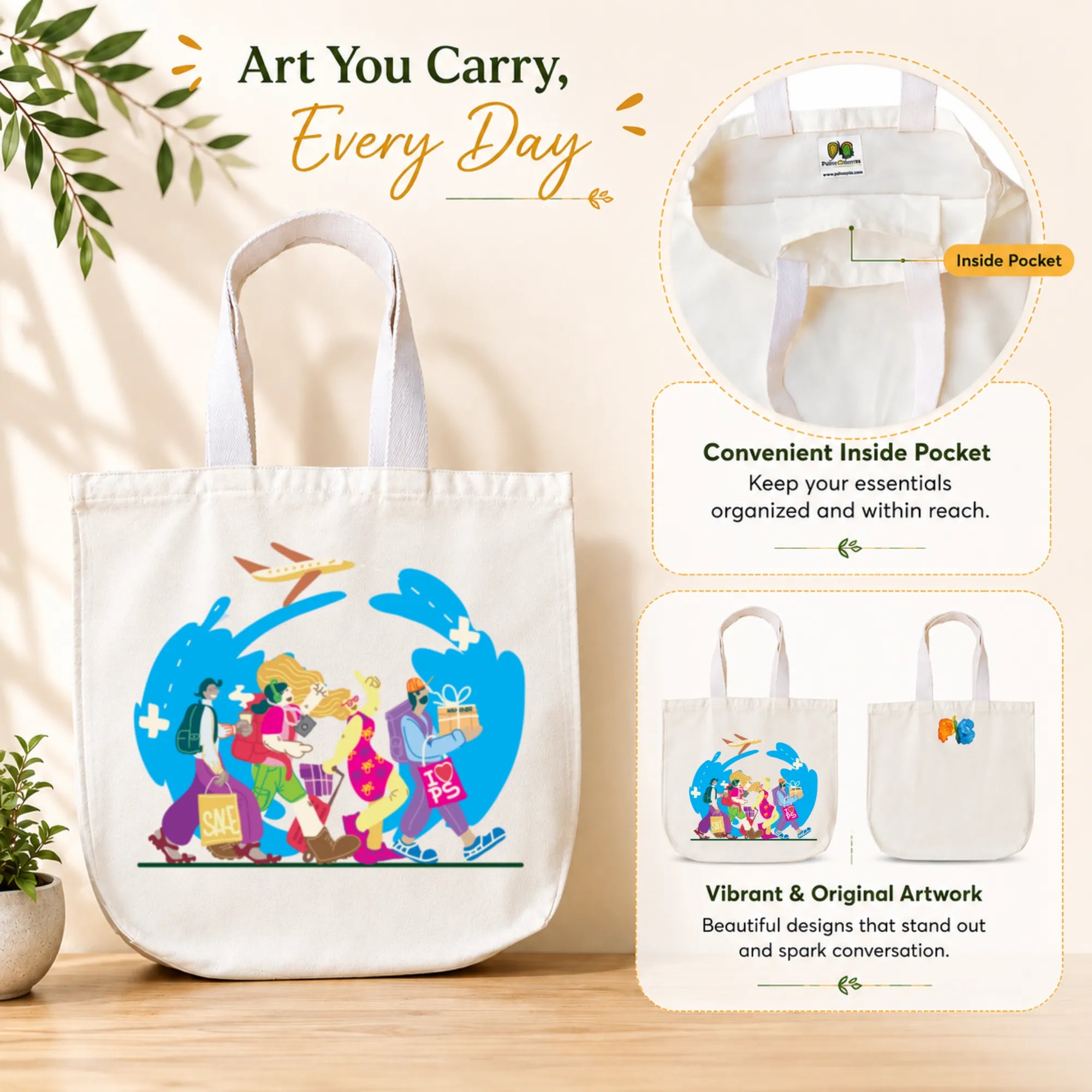 PaintzStories "Travel Tales" Tote Bag in Use for Shopping, College and Travel