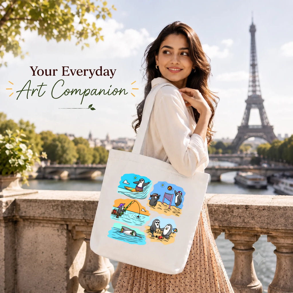 Close-up of "Two Adventurous Penguins" Artwork Print on PaintzStories Cotton Canvas Tote Bag