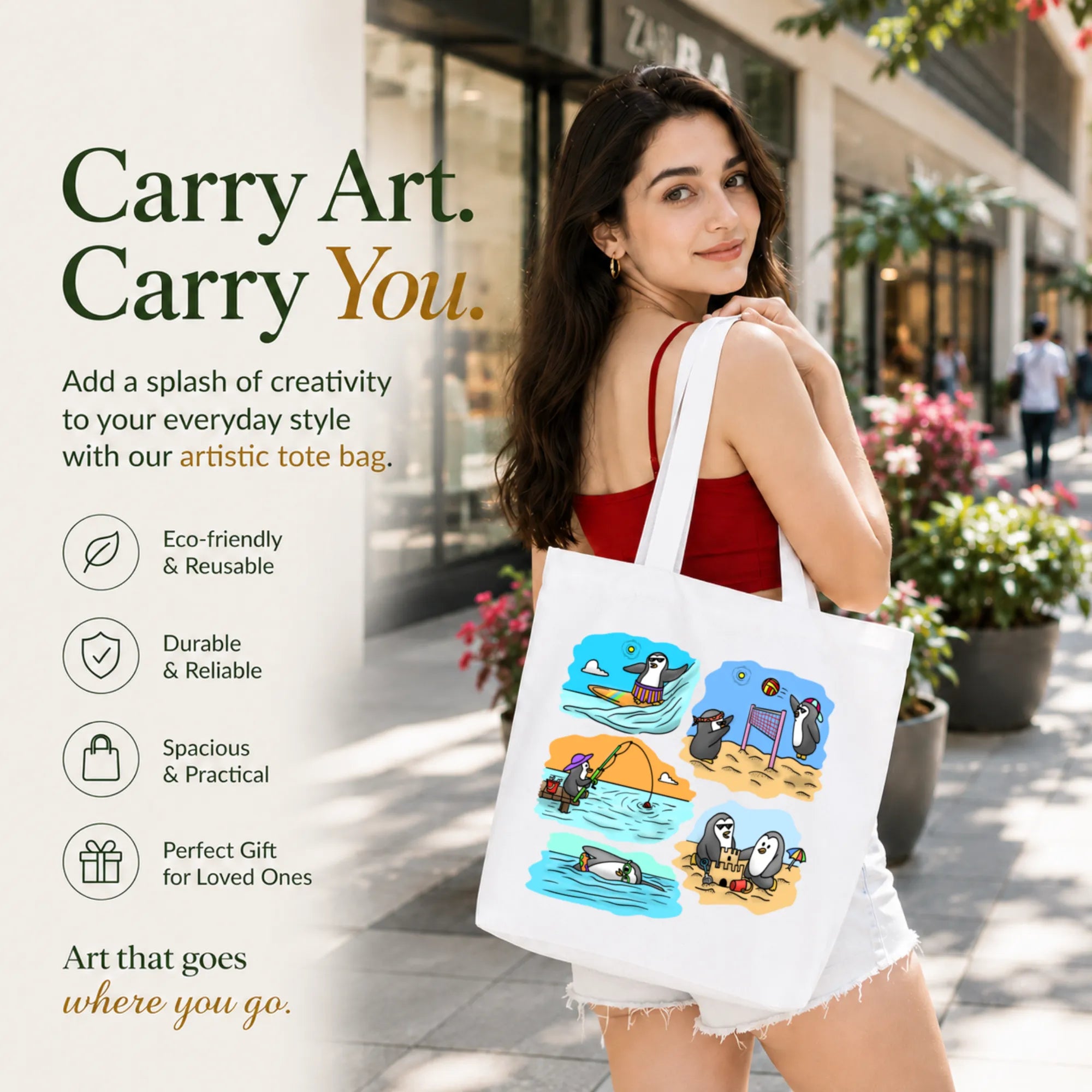Woman Carrying PaintzStories "Two Adventurous Penguins" Artistic Tote Bag on Her Shoulder