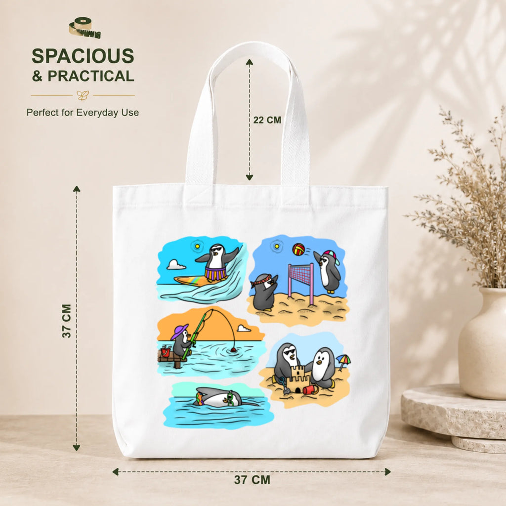 PaintzStories "Two Adventurous Penguins" Tote Bag Size – 37cm x 37cm with 22cm Handles and Inner Pocket