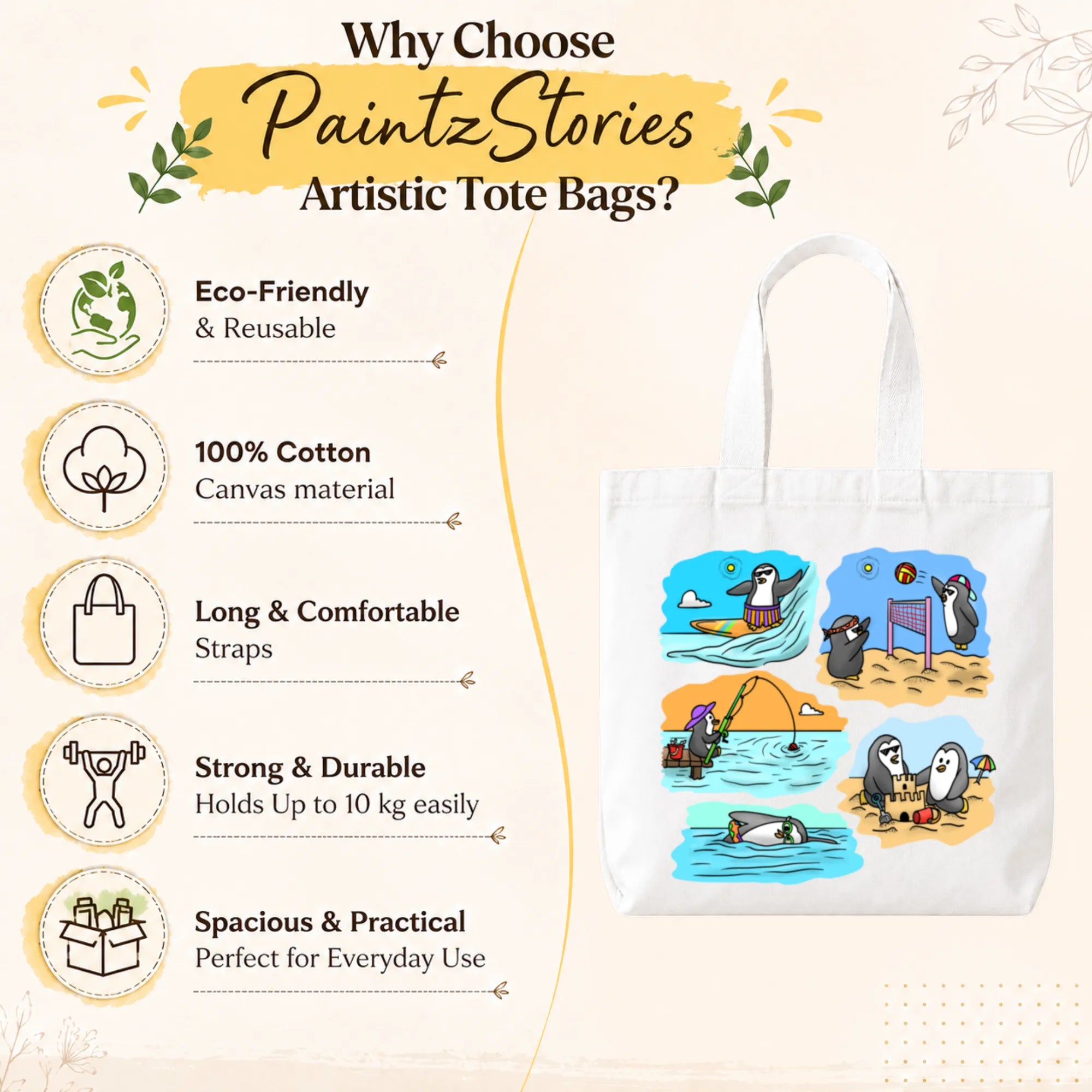 Close-up of "Two Adventurous Penguins" Tote Bag Showing Cotton Canvas Texture, Print Detail and Inner Pocket