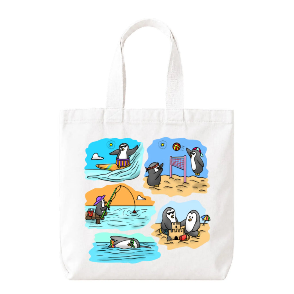PaintzStories "Two Adventurous Penguins" Artistic Tote Bag – White Eco-Friendly Cotton Canvas Bag for Women