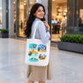 Model Holding PaintzStories "Two Adventurous Penguins" Artistic Tote Bag – Eco-Friendly Cotton Canvas