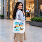Model Holding PaintzStories "Two Adventurous Penguins" Artistic Tote Bag – Eco-Friendly Cotton Canvas
