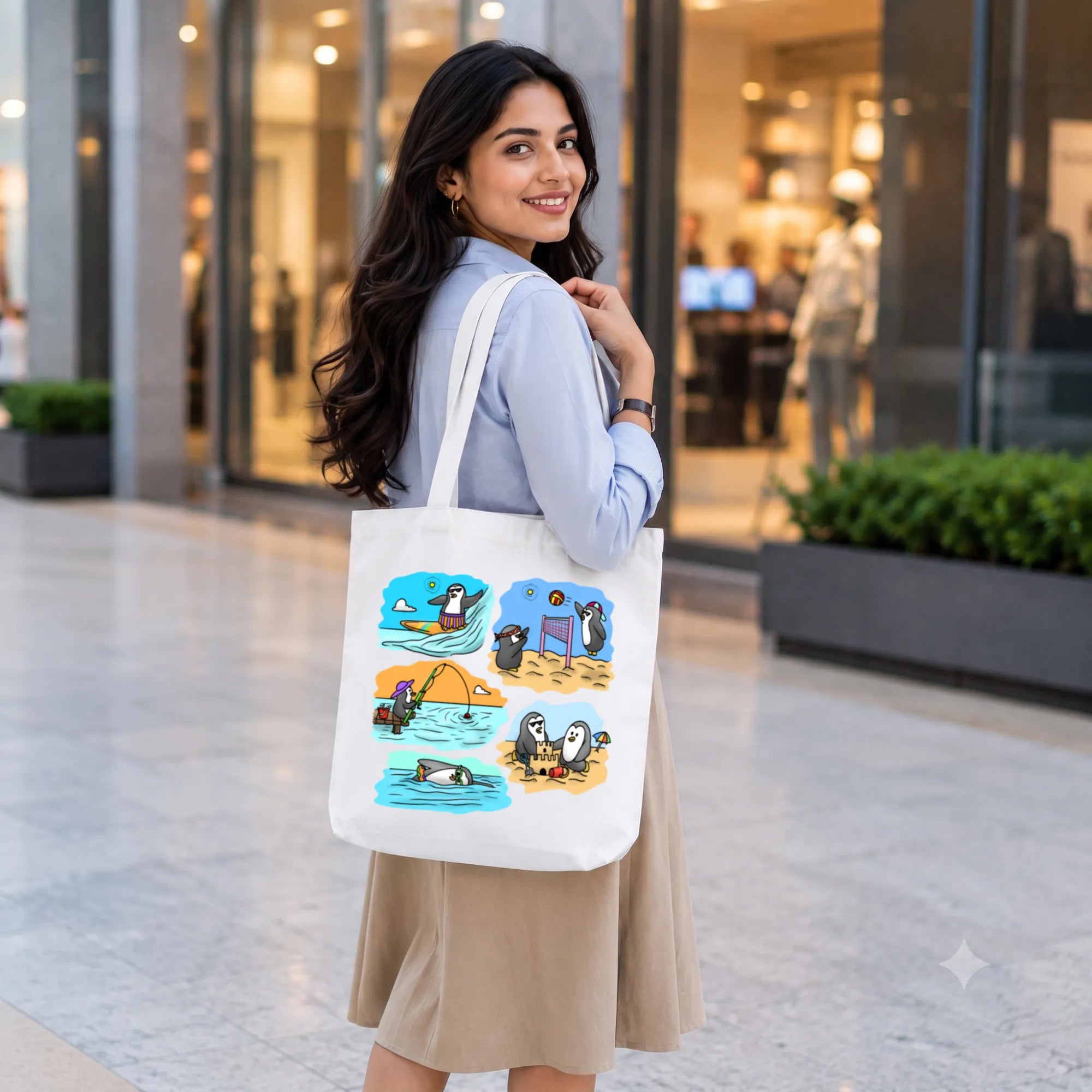 Model Holding PaintzStories "Two Adventurous Penguins" Artistic Tote Bag – Eco-Friendly Cotton Canvas